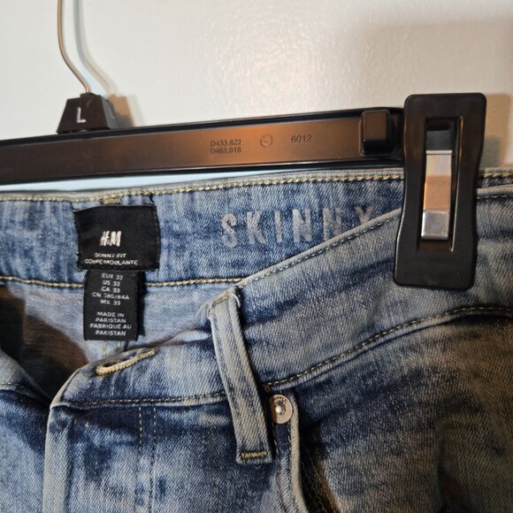 H&M Biker Jeans Woman's Blue Denim Light Washed Distressed Skinny Fit 33 - Picture 6 of 8